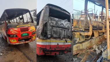 পুলিশ বক্সের পাশে দাঁড়িয়ে ছিল বাস, আগুন দিল দুর্বৃত্তরা